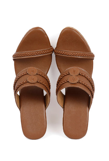 Tawny Brown Wooden Carved Braided Block Heels